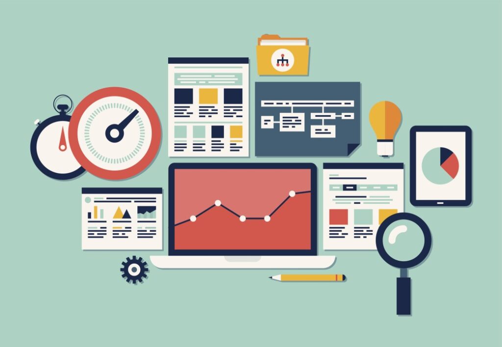 An illustration showing various tools used in data analysis and performance tracking, including charts, a laptop with a graph, a stopwatch, and design mockups.