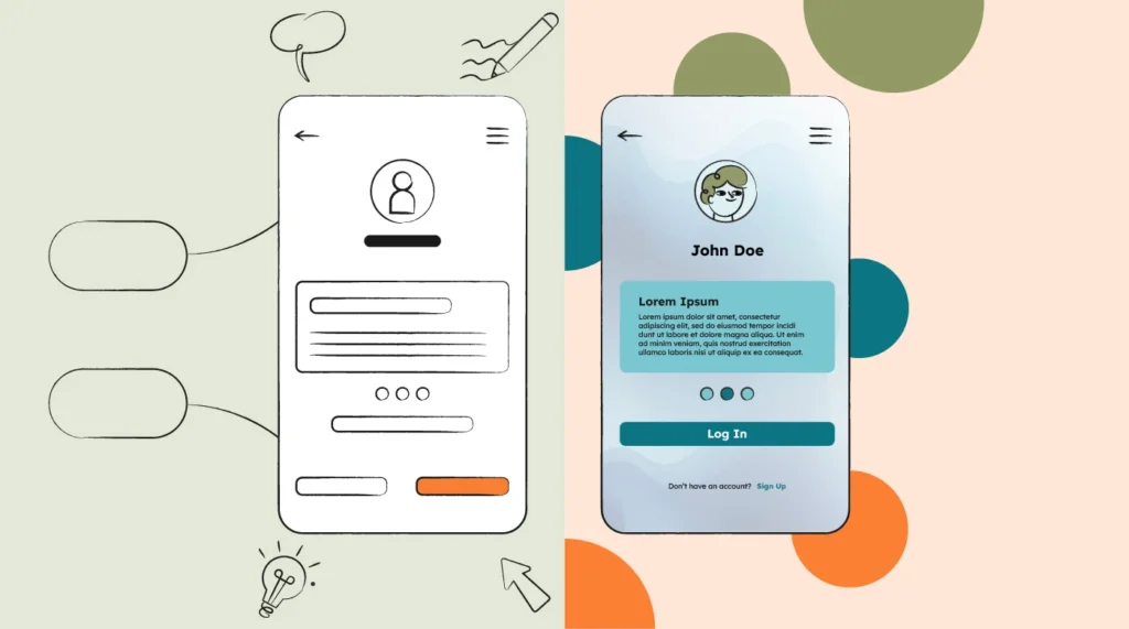 A side-by-side comparison of a mobile app wireframe and its high-fidelity UI prototype, showing a user profile or login screen.