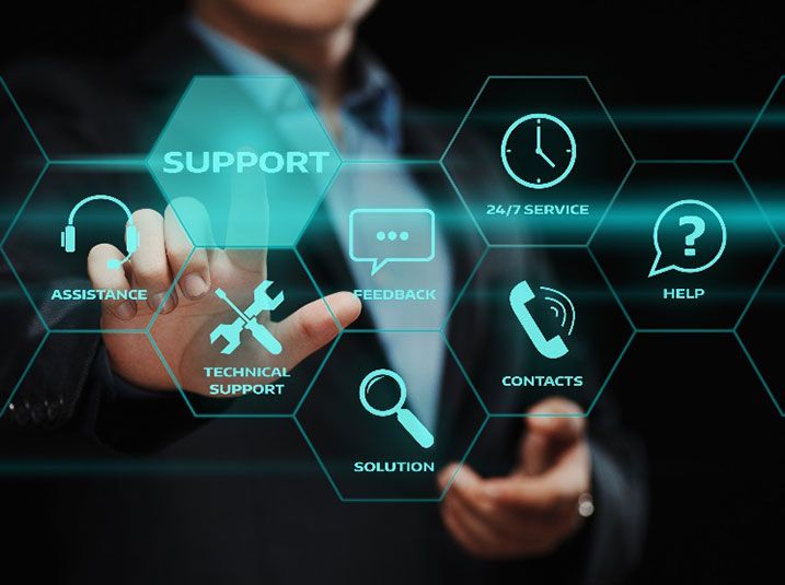 A person interacts with a virtual interface featuring icons for support services like technical support, assistance, feedback, and 24/7 service.