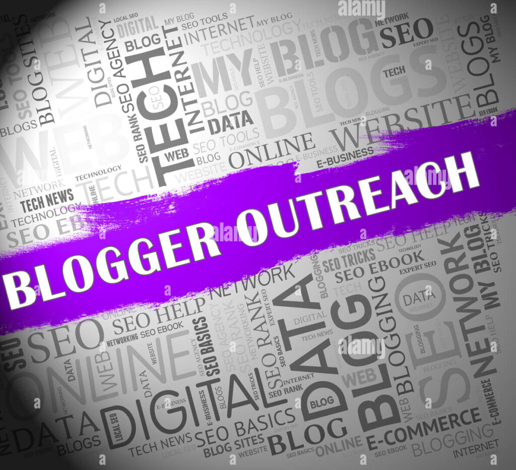 A bold purple brushstroke with "Blogger Outreach" written on it stands out against a busy background of SEO, blogging, and digital marketing words.