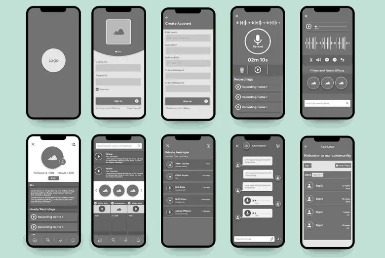 A wireframe of a mobile app showing ten screens, including login, sign-up, audio recording, messaging, and community features.
