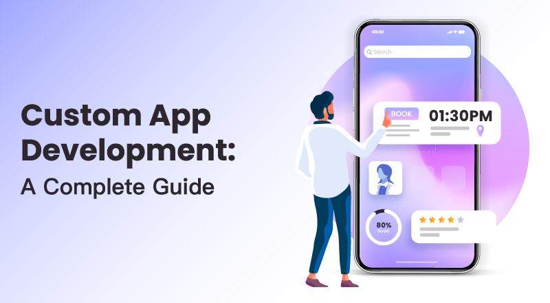 A person interacts with a large smartphone screen displaying booking and user interface elements, alongside the title “Custom App Development: A Complete Guide.”