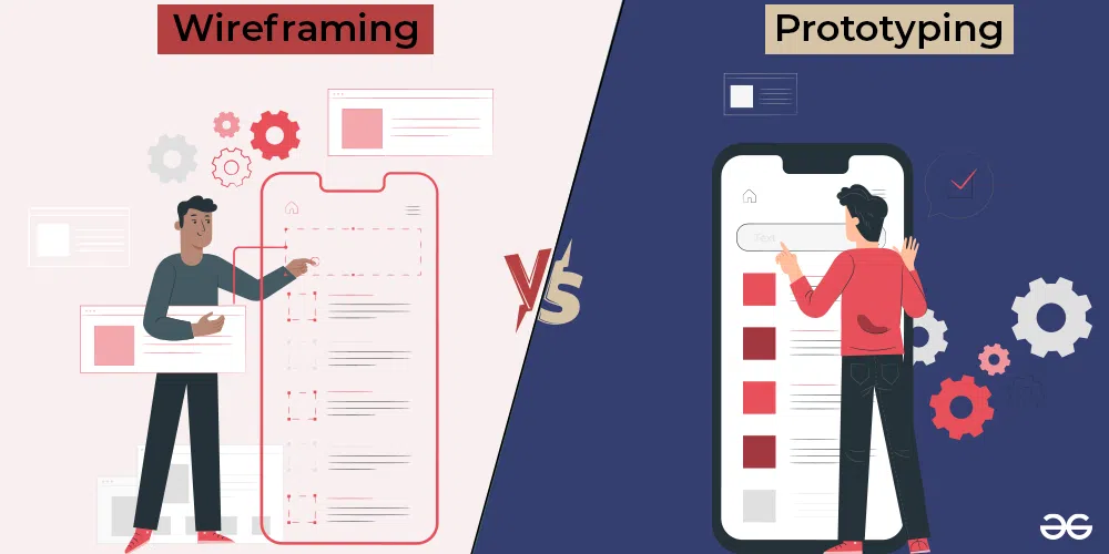 Image of comparison between wireframing and prototyping, showing two people interacting with mobile app mockups on a split background—left for wireframing and right for prototyping.