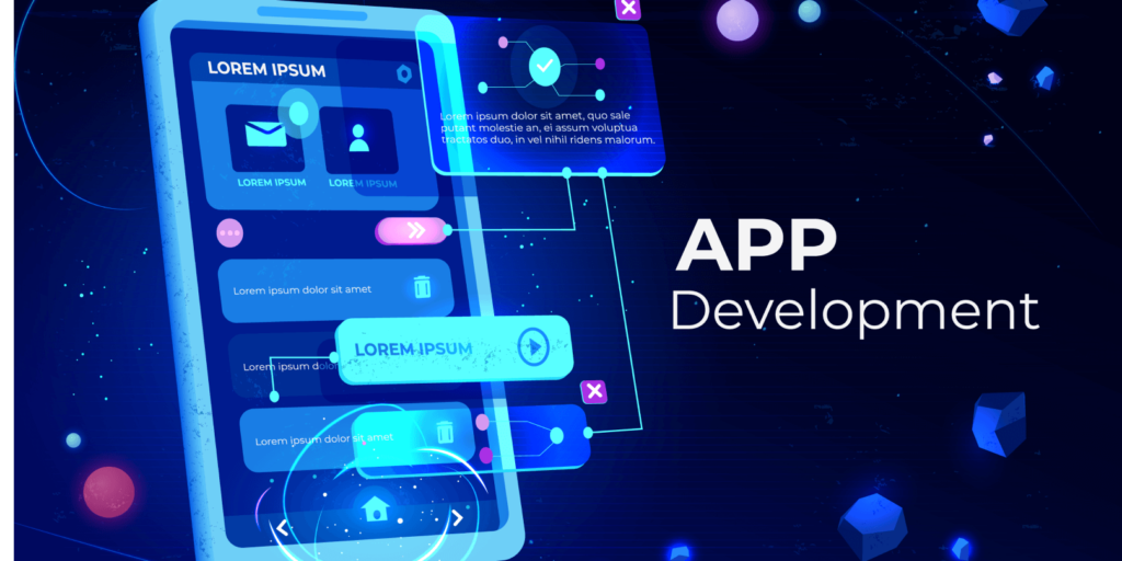 A digital illustration of a mobile phone interface under development, with floating UI elements, buttons, and icons, set against a futuristic, tech-themed background.