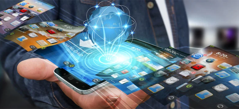 A person holding a smartphone with digital app interfaces and holographic icons floating above the screen, symbolizing mobile technology and global connectivity.