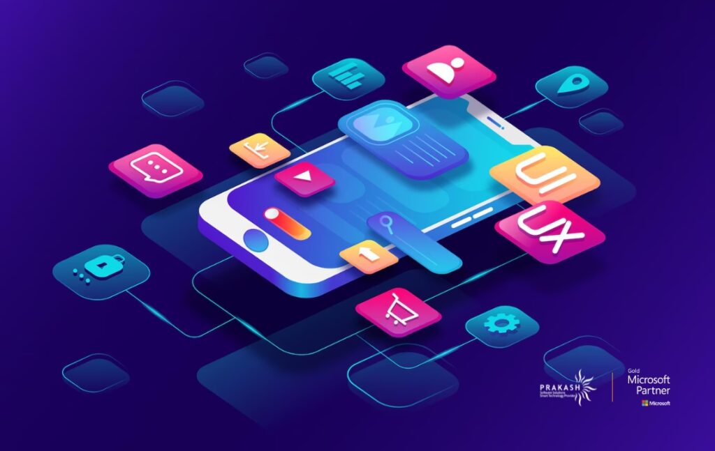 A vibrant 3D illustration of a smartphone with colorful floating app icons representing features like UX, UI, media, shopping, and security.
