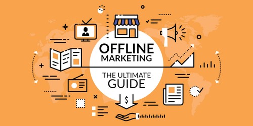 Offline Marketing The Ultimate Guide" centered with surrounding icons of traditional marketing methods on an orange background.