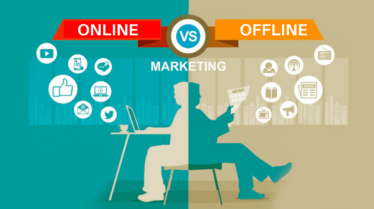 A split image comparing online and offline marketing, with relevant icons and a central "VS" symbol.