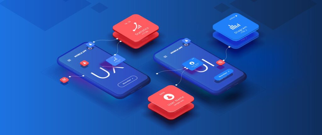 A 3D-rendered digital illustration of two mobile devices labeled "UX" and "UI," surrounded by floating icons representing statistics, user profiles, diagrams, and search functions.