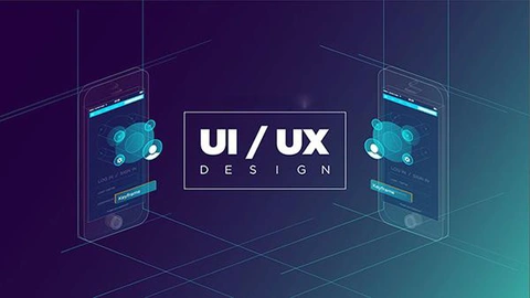 A digital graphic with the words "UI/UX Design" in the center, featuring two futuristic mobile phone interface mockups floating in a dark, grid-like 3D space.